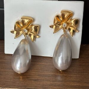 Gold Tone Bow Faux Pearl Drop Earrings/ Crystal Accent/ measures 1 3/8 inch